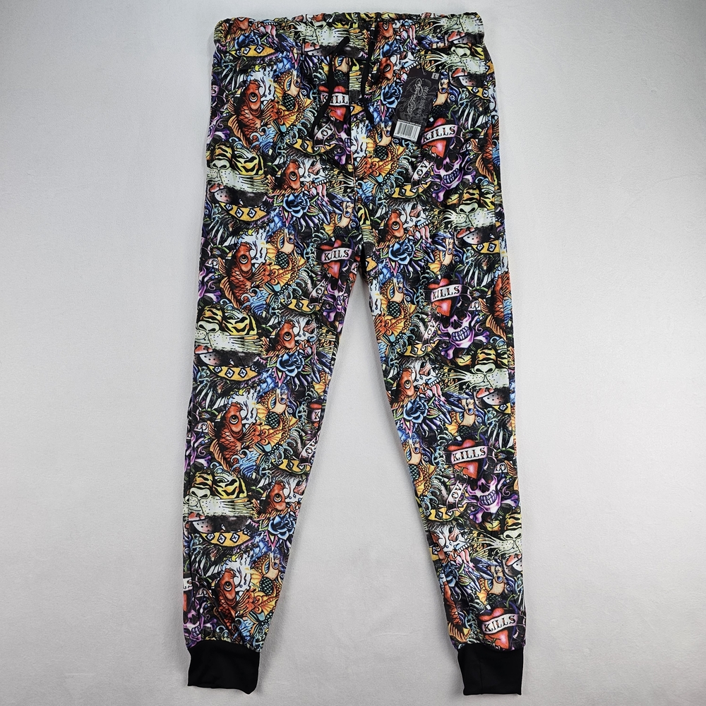 Ed Hardy Black Tattoo LARGE Polyester Pajama Pants Men's Lounge Sleepwear